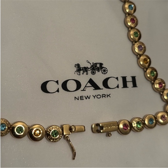 Coach Crystal Tennis Necklace Statement Designer Jewelry Gold Pastel Pink Blue - Picture 10 of 11